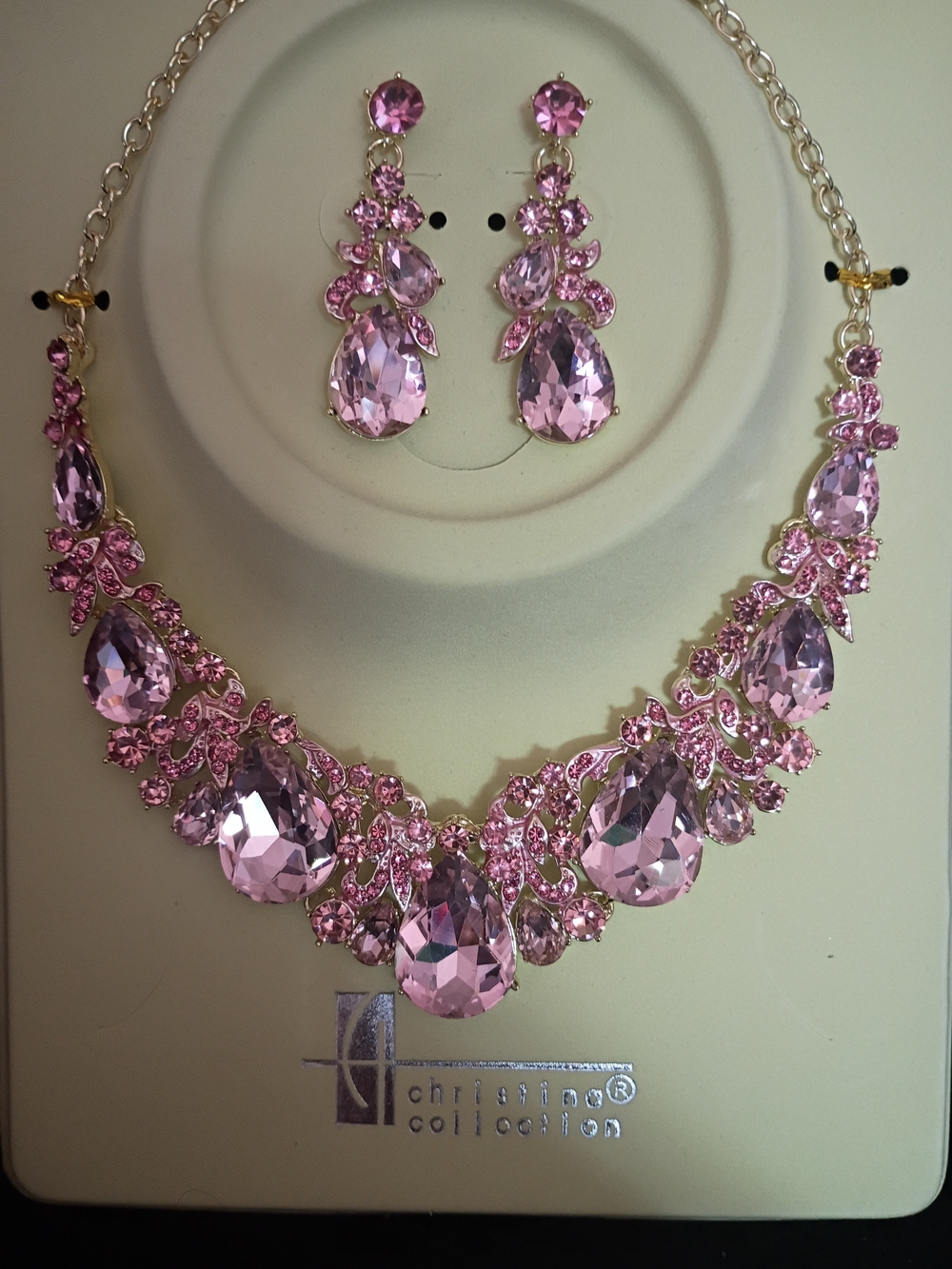 Pink Crystal Teardrop Necklace & Earring Set